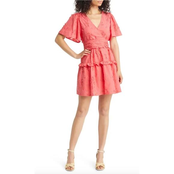 BTFL-Life Madie Floral Embroidered Flutter Sleeve Tiered Dress Size L Red Pink - Picture 1 of 12